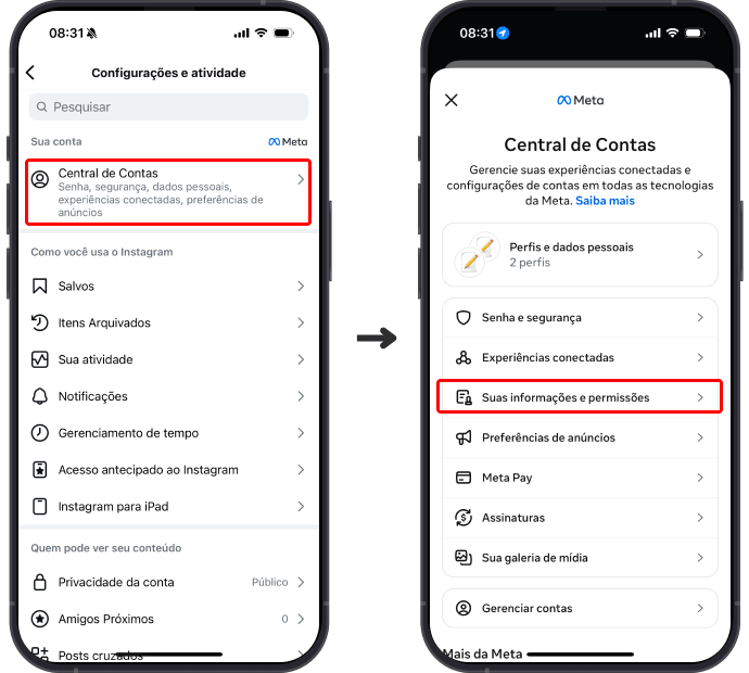 Passo 1 para exportar dados do Instagram