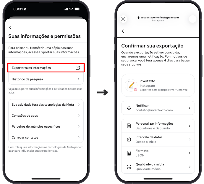 Passo 2 para exportar dados do Instagram