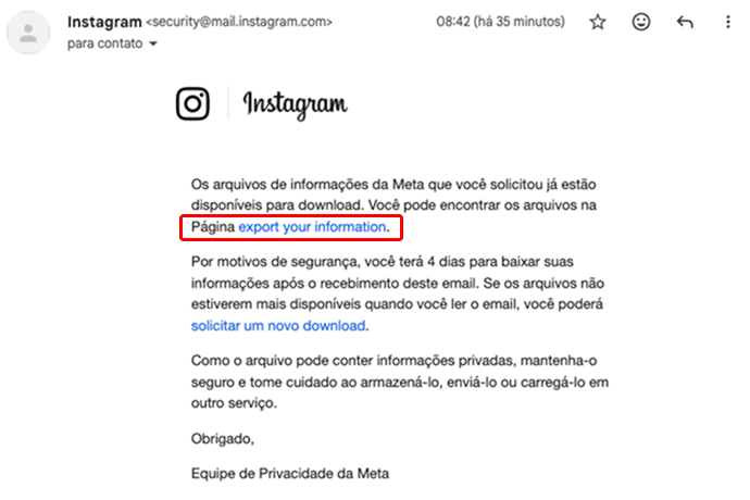 Passo 3 para exportar dados do Instagram