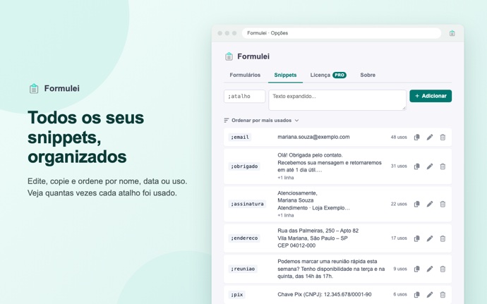 Lista de atalhos de texto e mensagens prontas no Formulei