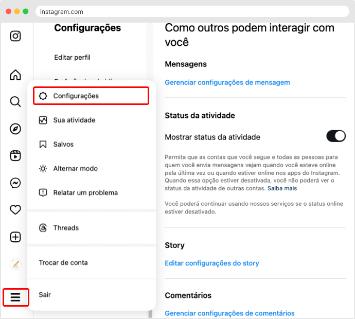 Passo 1 para tirar online do Instagram